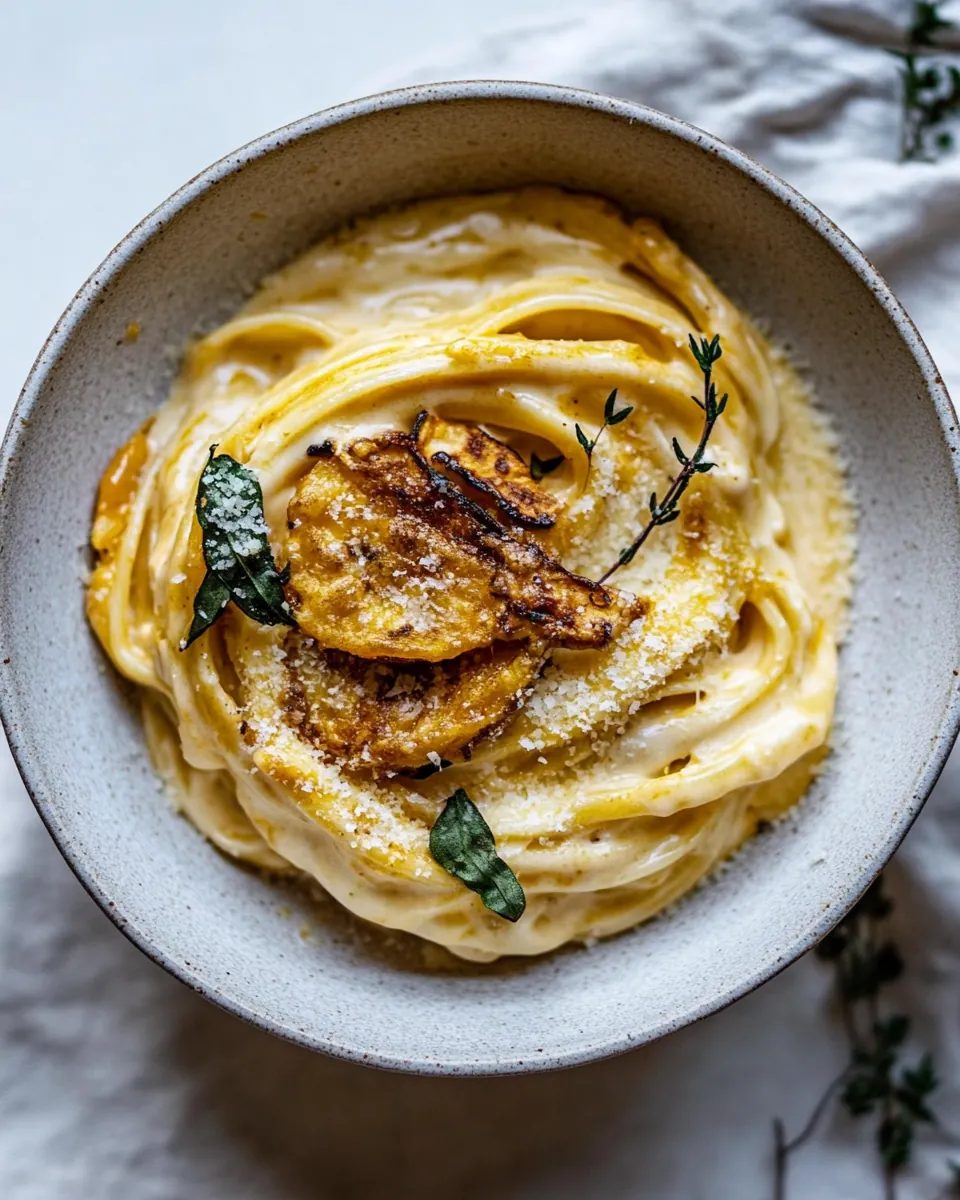 Brown Butter Pumpkin Fettuccine Alfredo with Fried Cheese