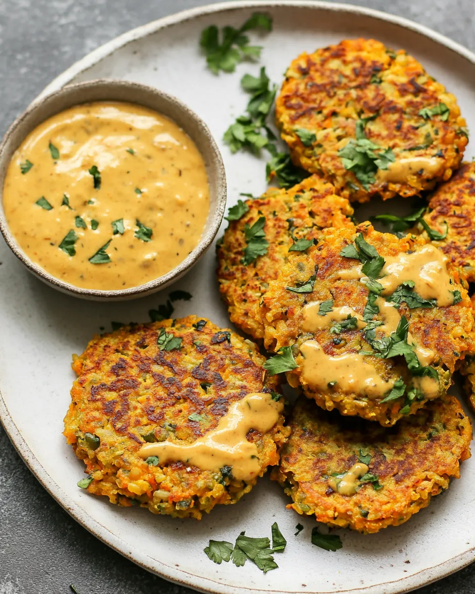 Brown Rice Carrot Fritters with Chipotle Sunflower Sauce