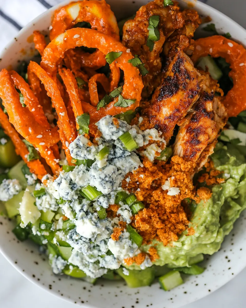 Buffalo Chicken Blue Cheese Guacamole Crunchy Baked Onion Ring Salad