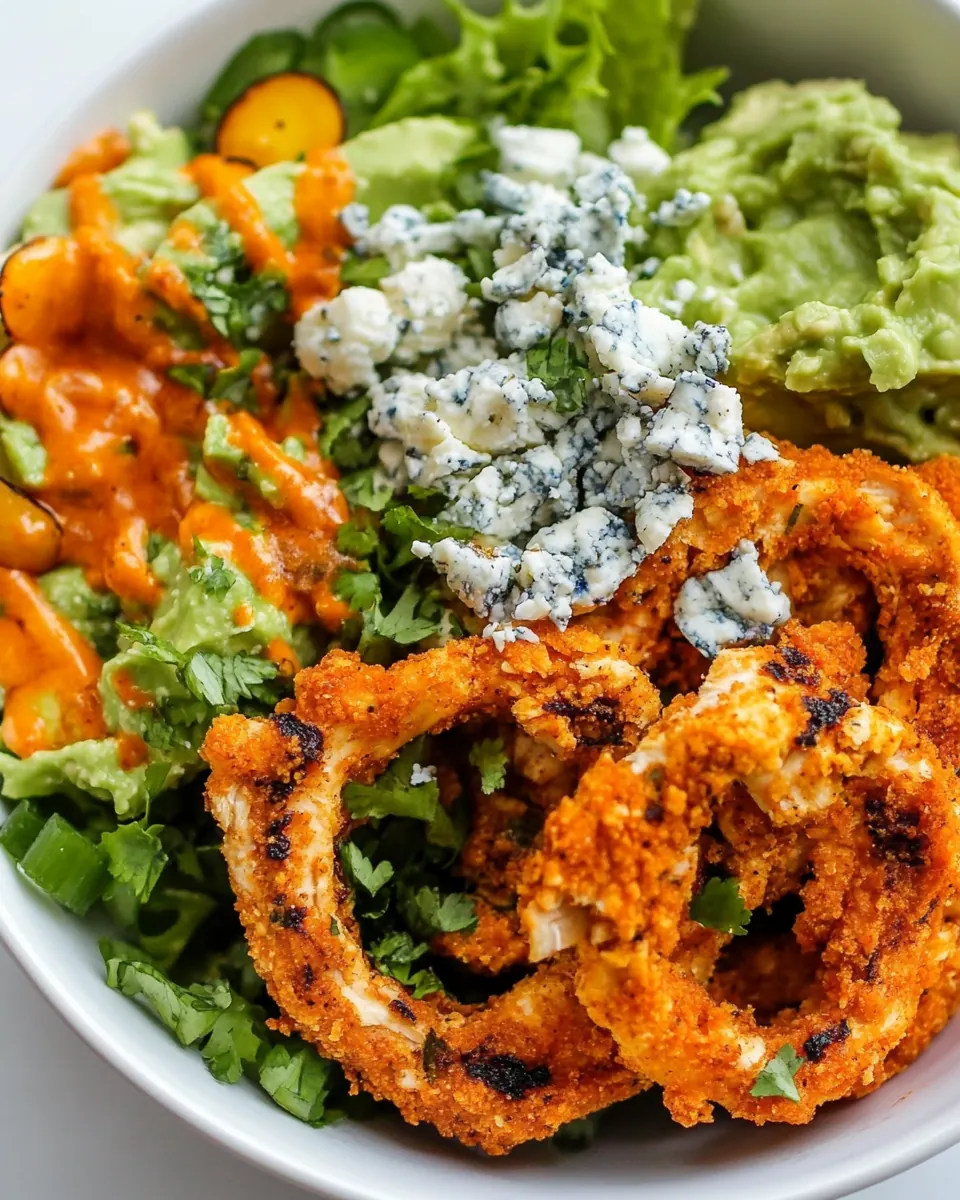 Buffalo Chicken Blue Cheese Guacamole Crunchy Baked Onion Ring Salad