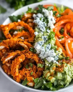 Buffalo Chicken Blue Cheese Guacamole Crunchy Baked Onion Ring Salad