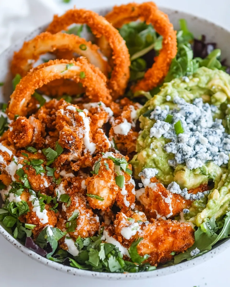 Buffalo Chicken Blue Cheese Guacamole Crunchy Baked Onion Ring Salad