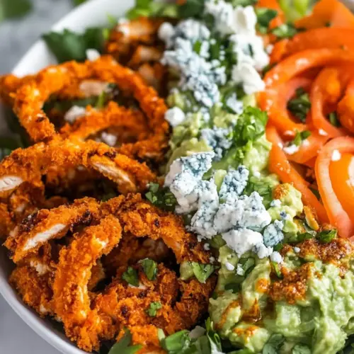 Buffalo Chicken Blue Cheese Guacamole Crunchy Baked Onion Ring Salad