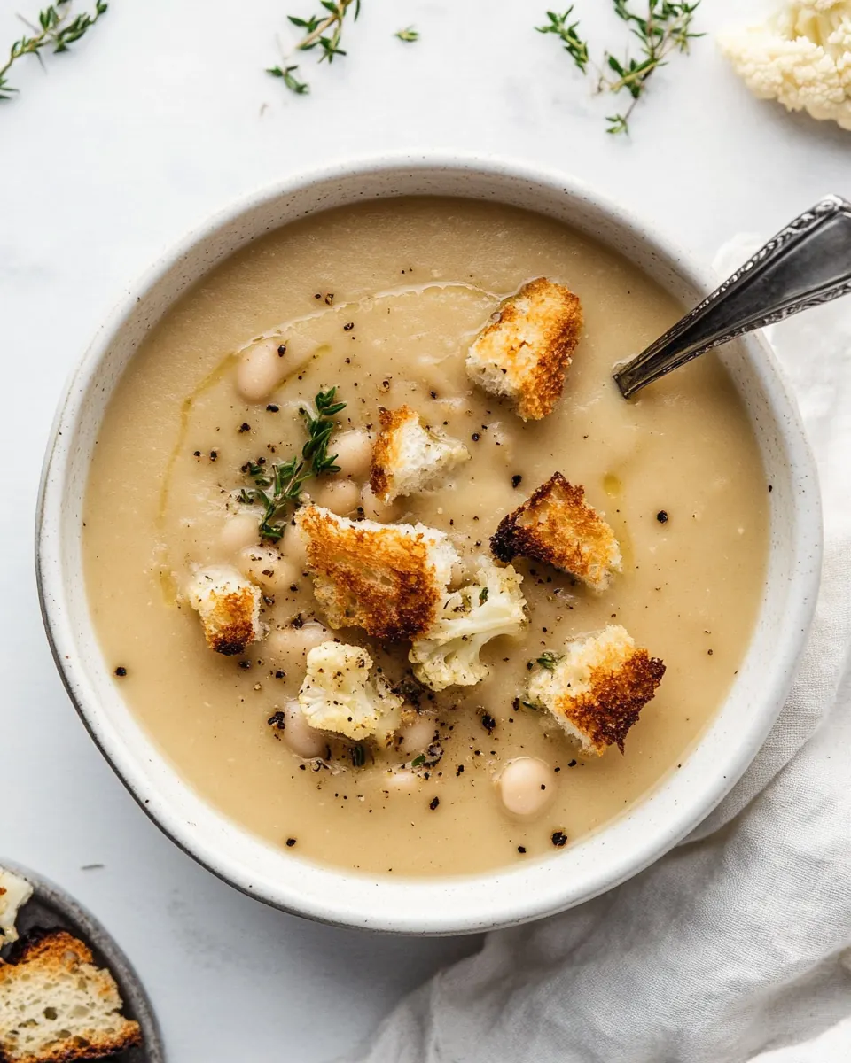 Cauliflower White Bean Soup with Mustardy Croutons