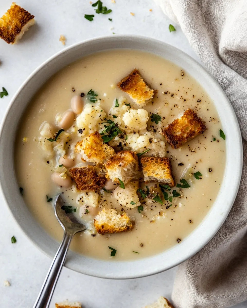Cauliflower White Bean Soup with Mustardy Croutons