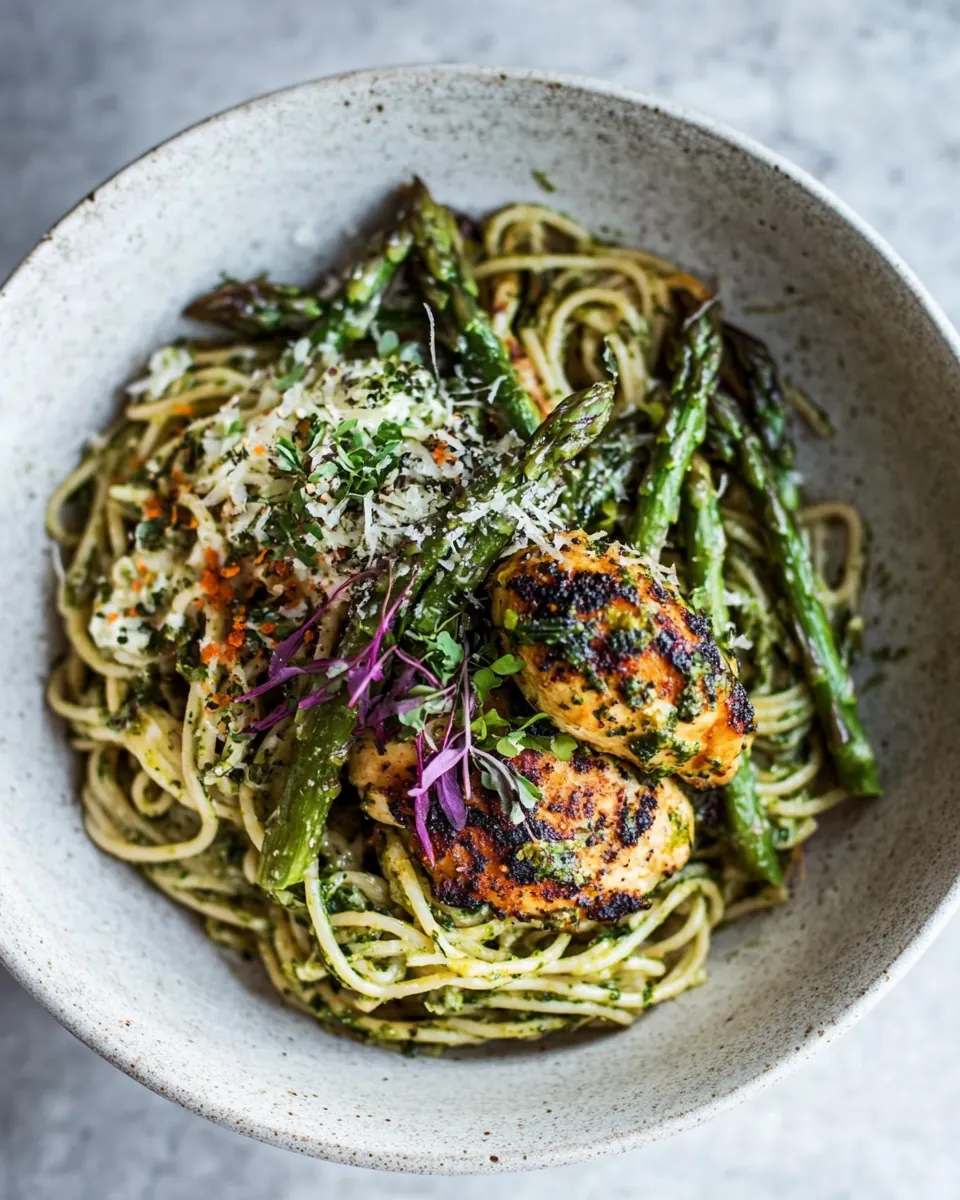 Charred Asparagus Cream Pasta with Blackened Lemon Chicken