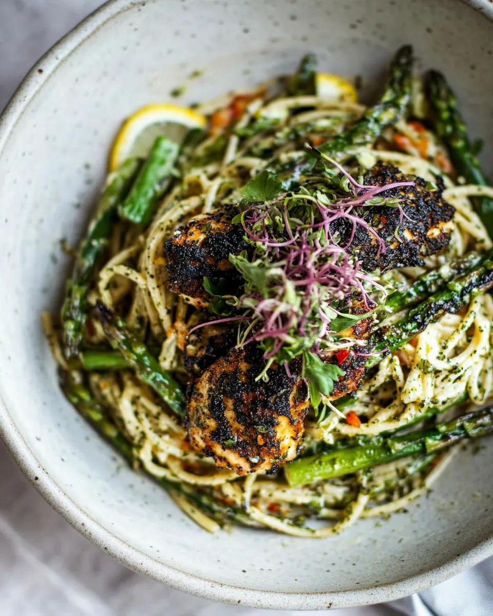 Charred Asparagus Cream Pasta with Blackened Lemon Chicken