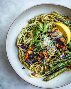 Charred Asparagus Cream Pasta with Blackened Lemon Chicken