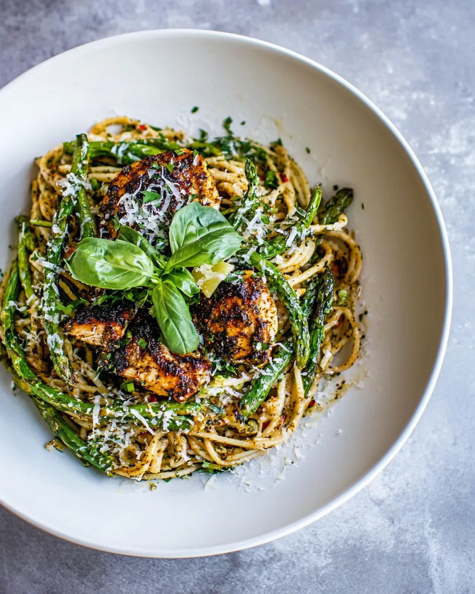 Charred Asparagus Cream Pasta with Blackened Lemon Chicken