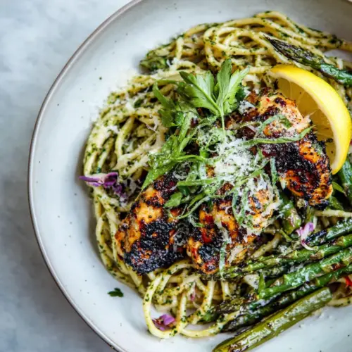 Charred Asparagus Cream Pasta with Blackened Lemon Chicken
