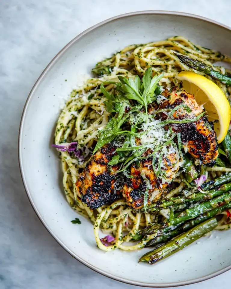 Charred Asparagus Cream Pasta with Blackened Lemon Chicken