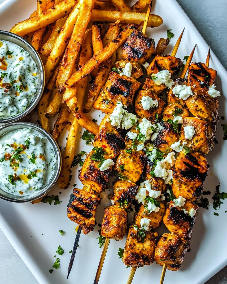 Chicken Tzatziki Skewers with Feta Fries