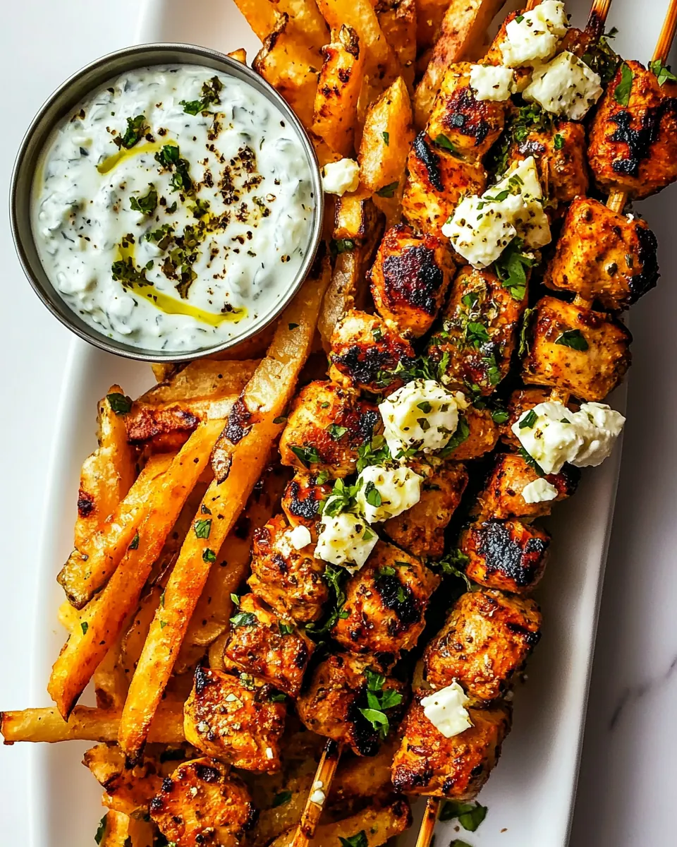 Chicken Tzatziki Skewers with Feta Fries
