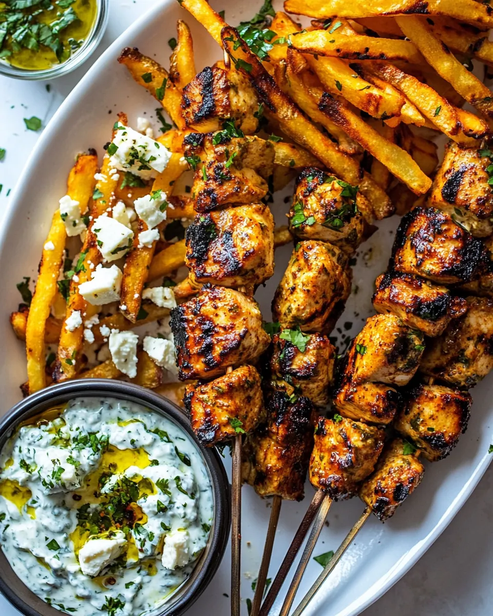 Chicken Tzatziki Skewers with Feta Fries