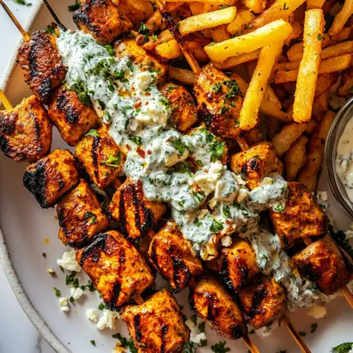 Chicken Tzatziki Skewers with Feta Fries