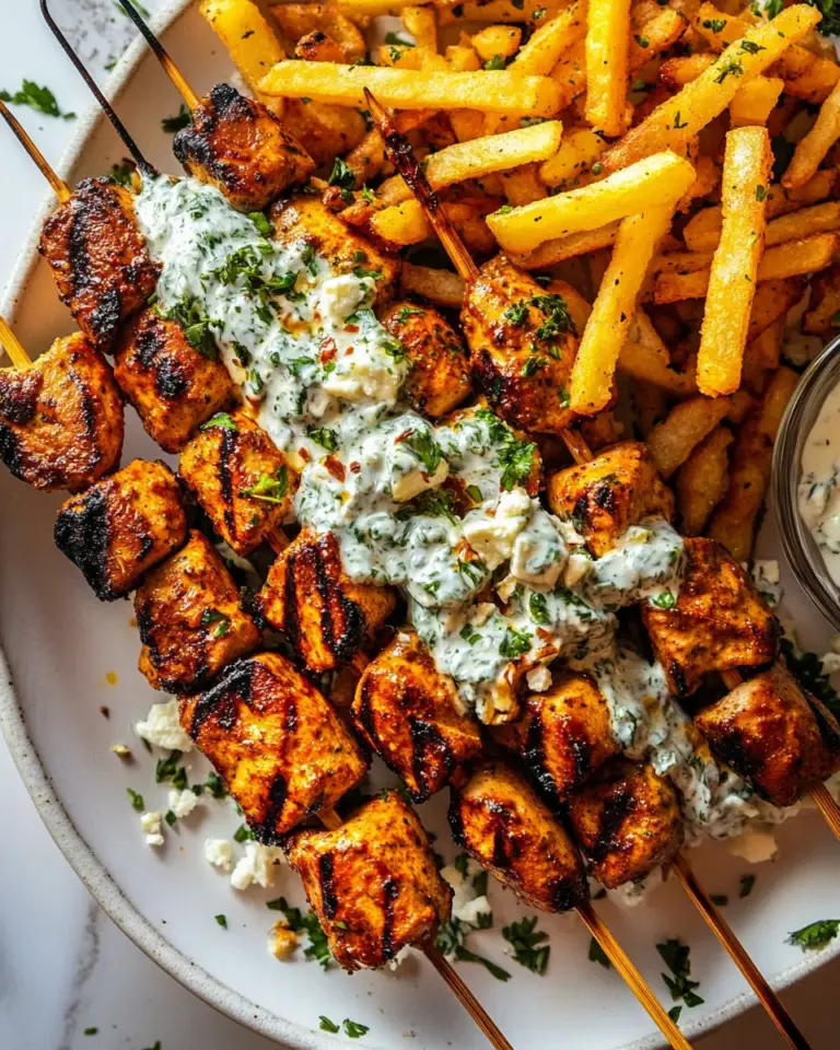 Chicken Tzatziki Skewers with Feta Fries