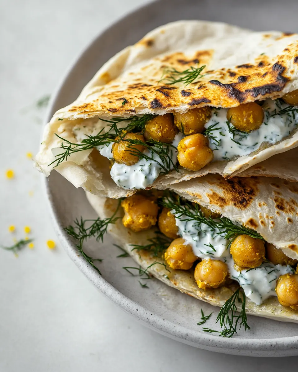 Chickpea Curry Stuffed Pita with Dill Yogurt