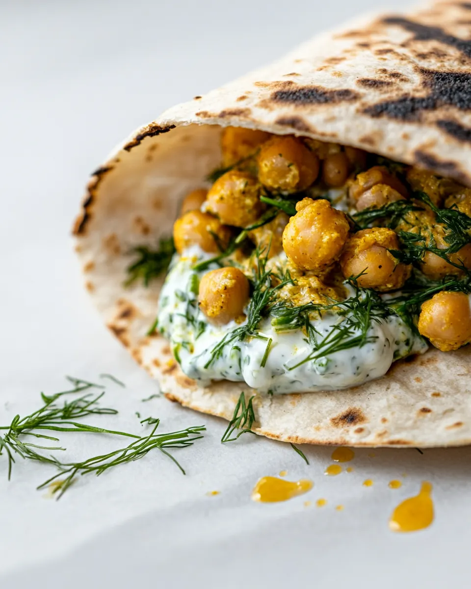 Chickpea Curry Stuffed Pita with Dill Yogurt