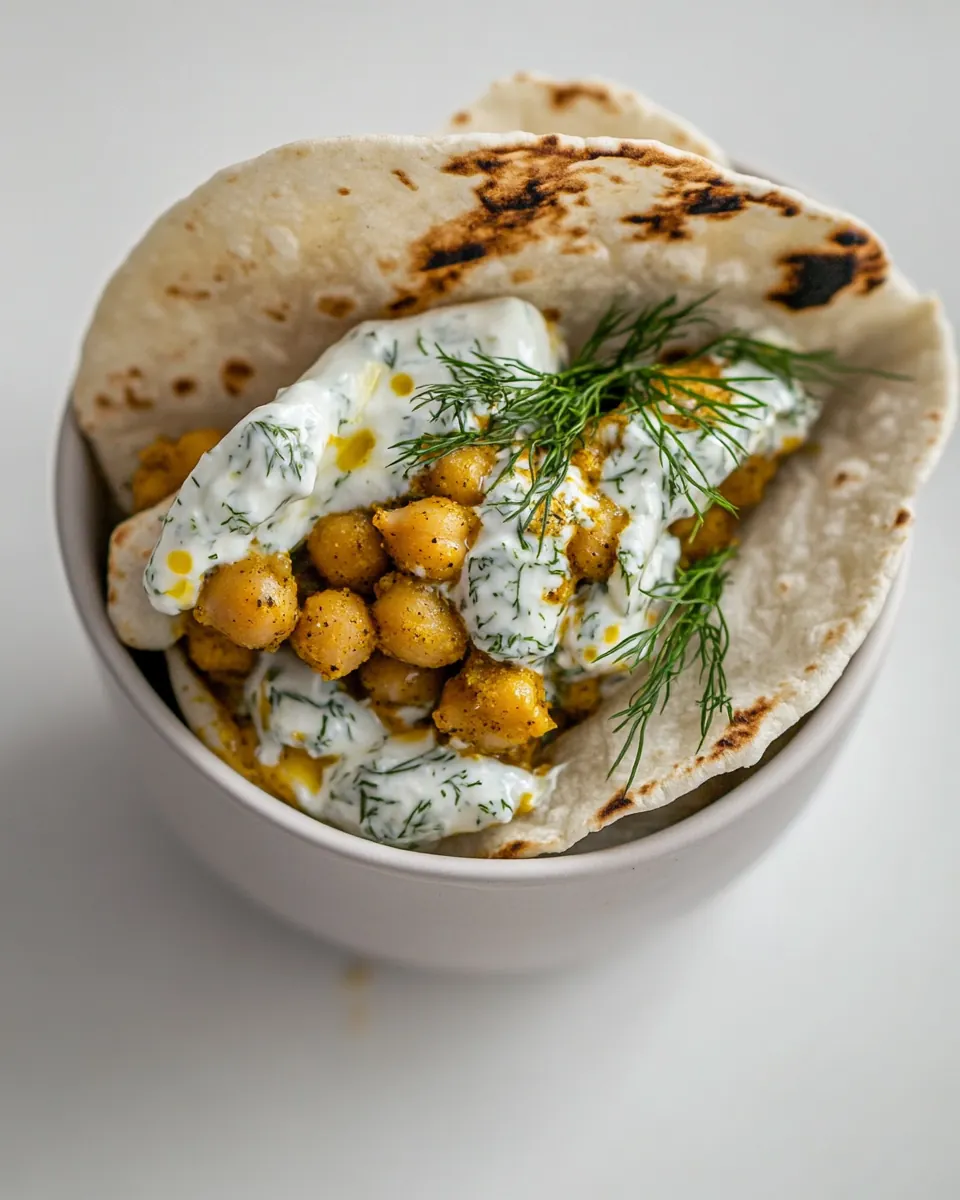 Chickpea Curry Stuffed Pita with Dill Yogurt