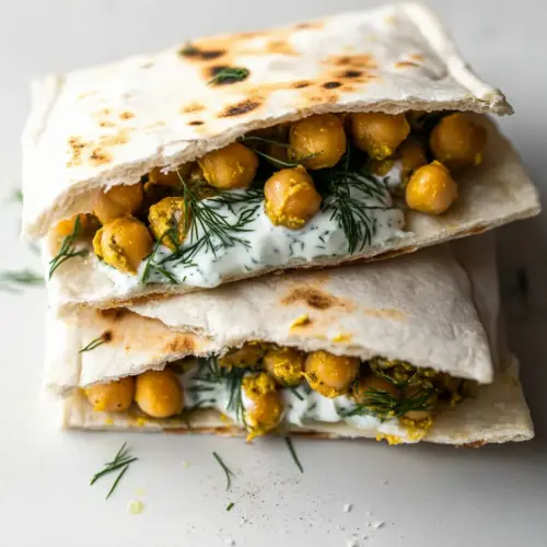 Chickpea Curry Stuffed Pita with Dill Yogurt