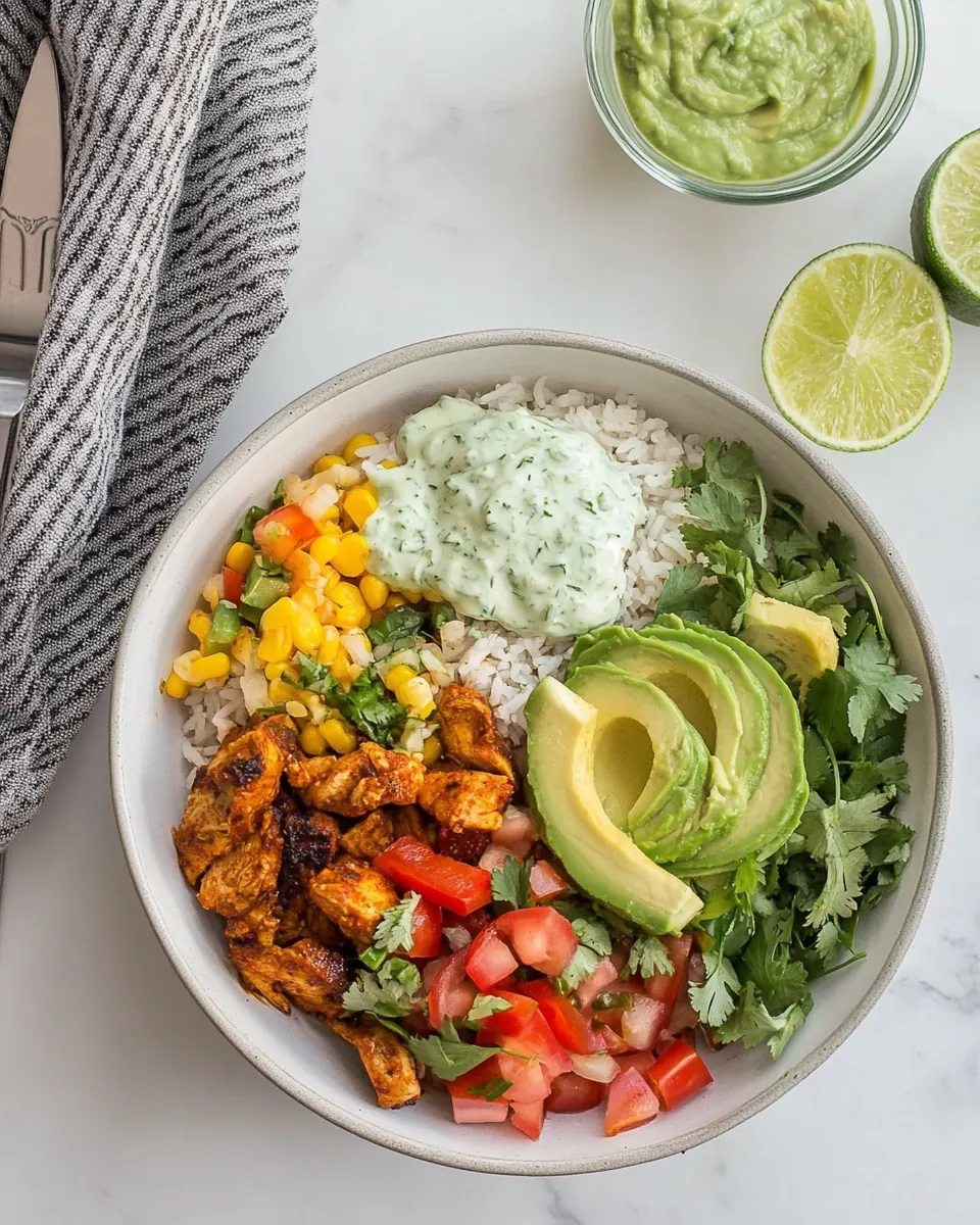 Chipotle Chicken Burrito Bowl with Avocado Lime Crema