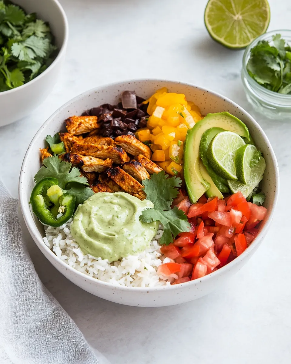 Chipotle Chicken Burrito Bowl with Avocado Lime Crema