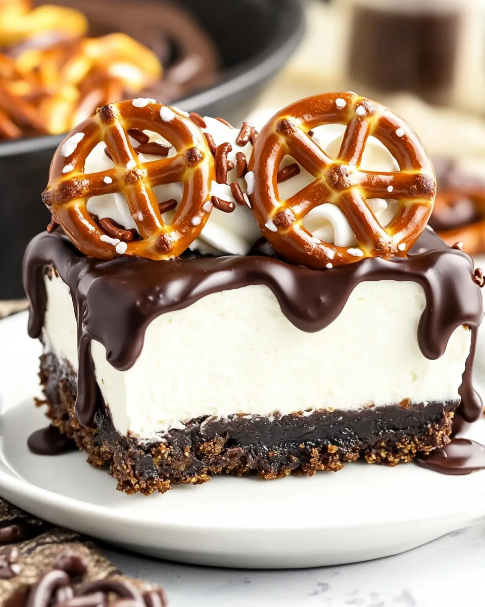 Chocolate Covered Pretzel No Bake Cheesecake