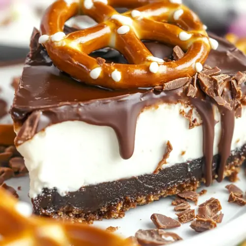 Chocolate Covered Pretzel No Bake Cheesecake