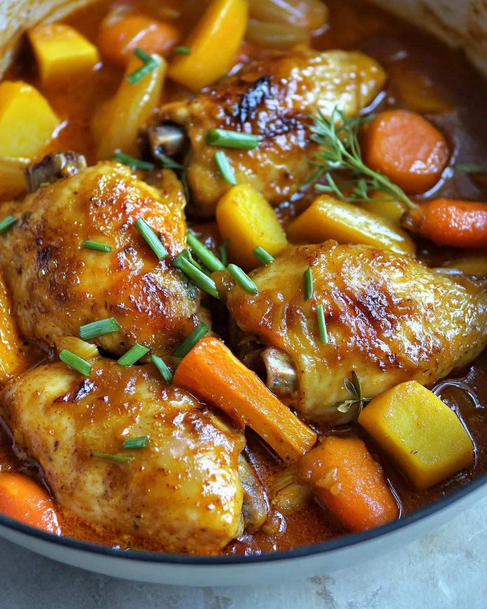 Coconut Harissa Curry Braised Chicken with Root Vegetables