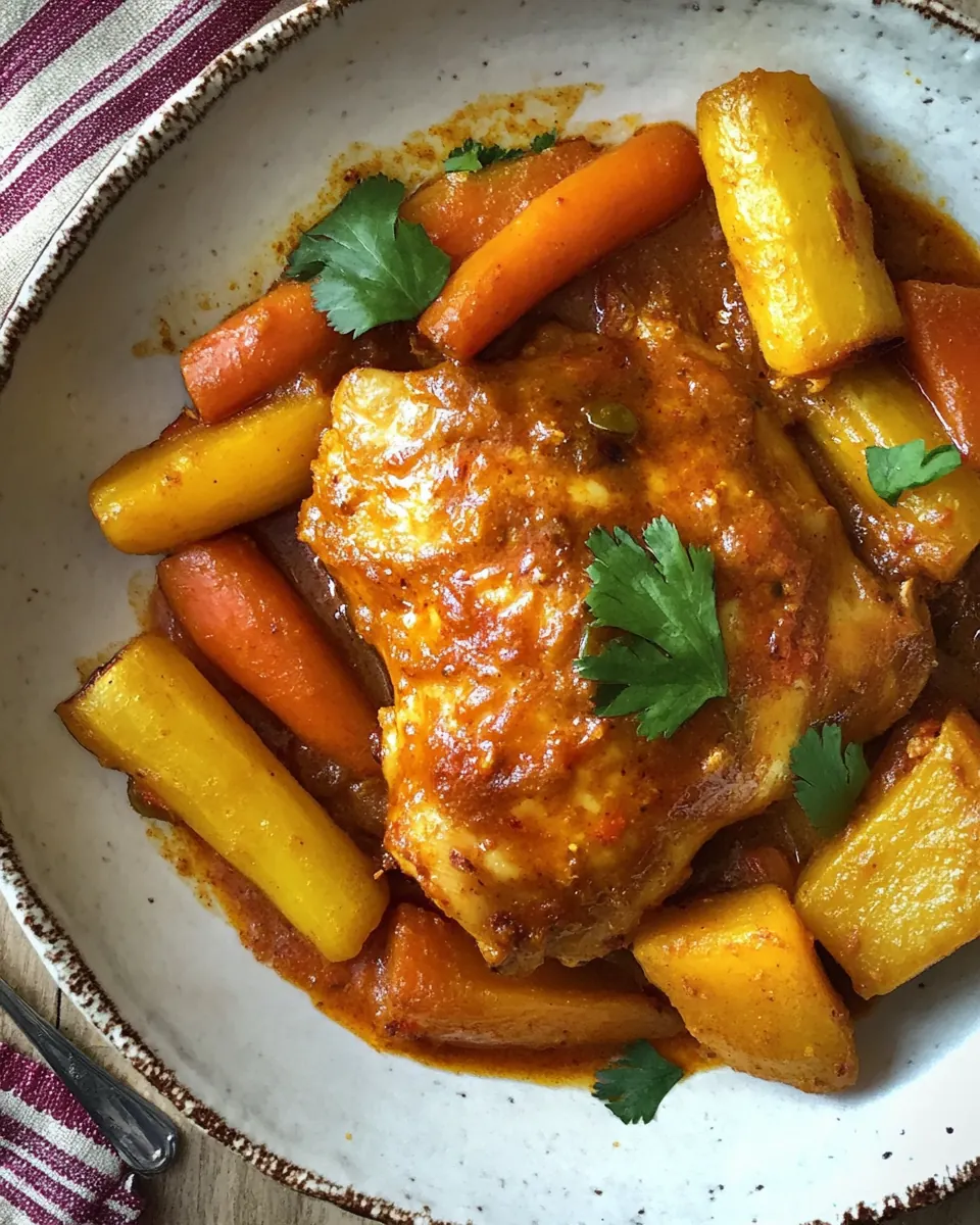 Coconut Harissa Curry Braised Chicken with Root Vegetables