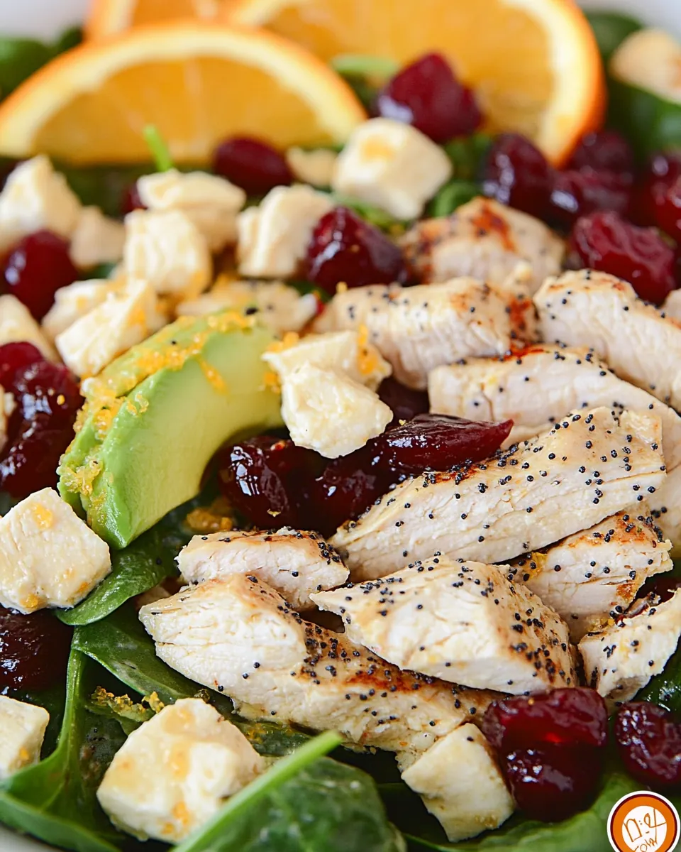Cranberry Avocado Spinach Salad with Chicken and Orange Poppy Seed Dressing