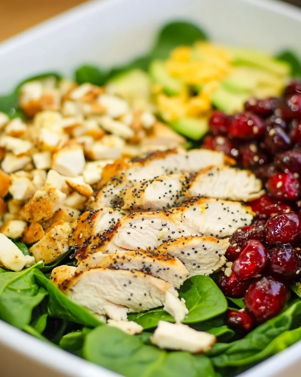 Cranberry Avocado Spinach Salad with Chicken and Orange Poppy Seed Dressing