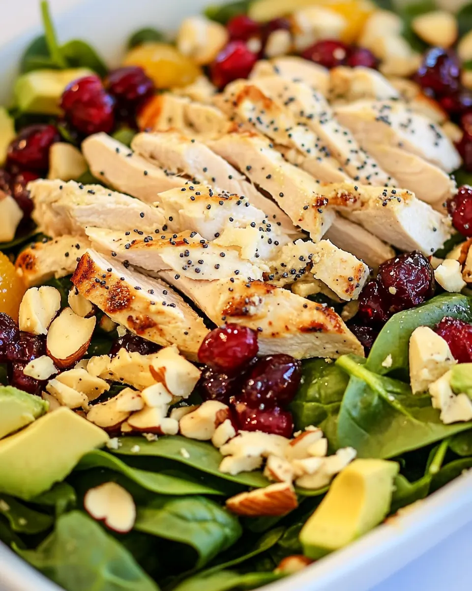 Cranberry Avocado Spinach Salad with Chicken and Orange Poppy Seed Dressing
