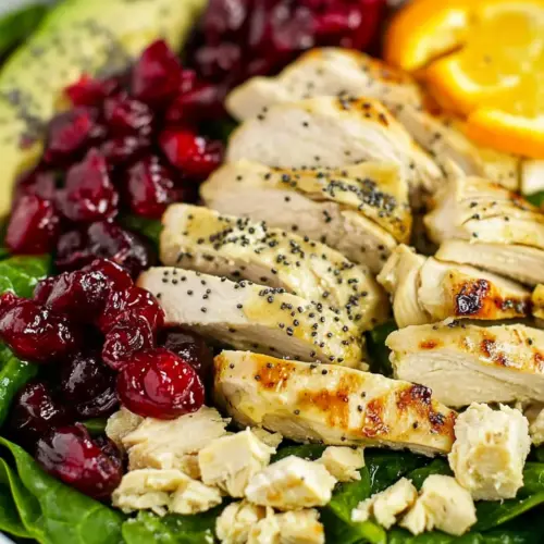 Cranberry Avocado Spinach Salad with Chicken and Orange Poppy Seed Dressing