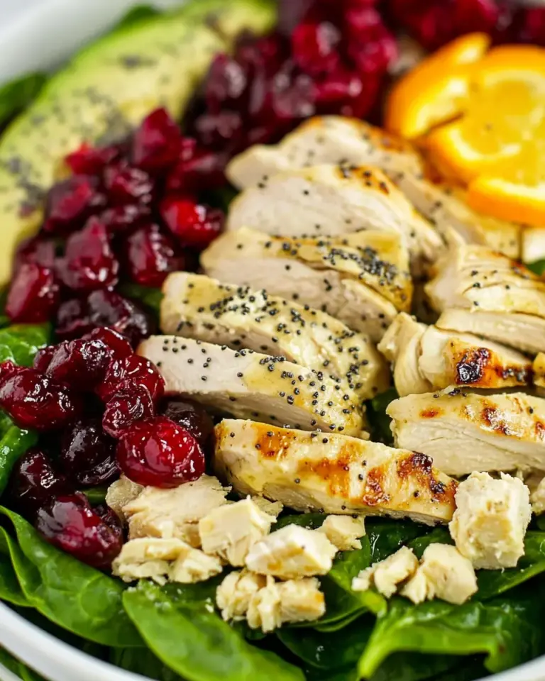 Cranberry Avocado Spinach Salad with Chicken and Orange Poppy Seed Dressing