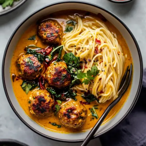 Creamy Coconut Chicken Meatball and Noodle Curry