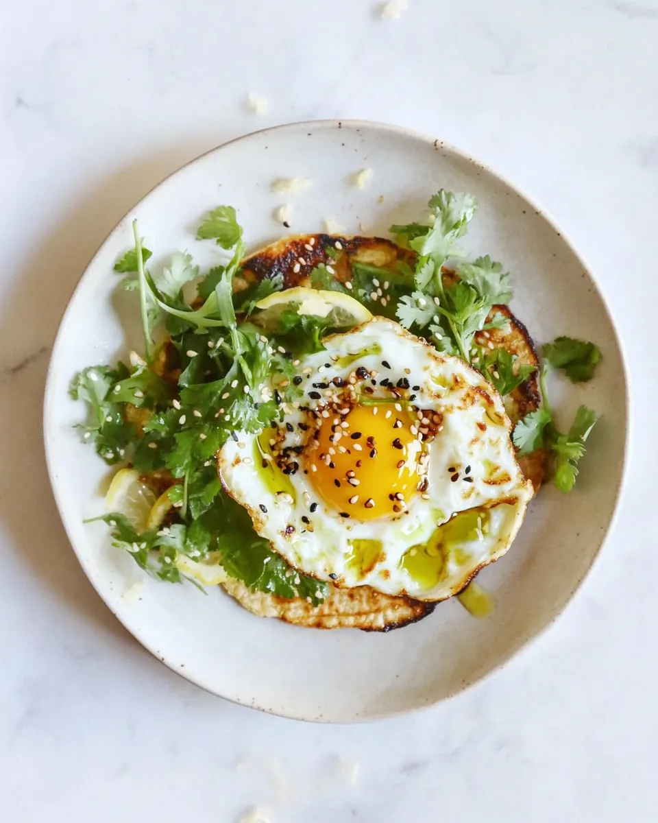 Crispy Egg Tostadas with Lemon Greens and Toasted Sesame Oil