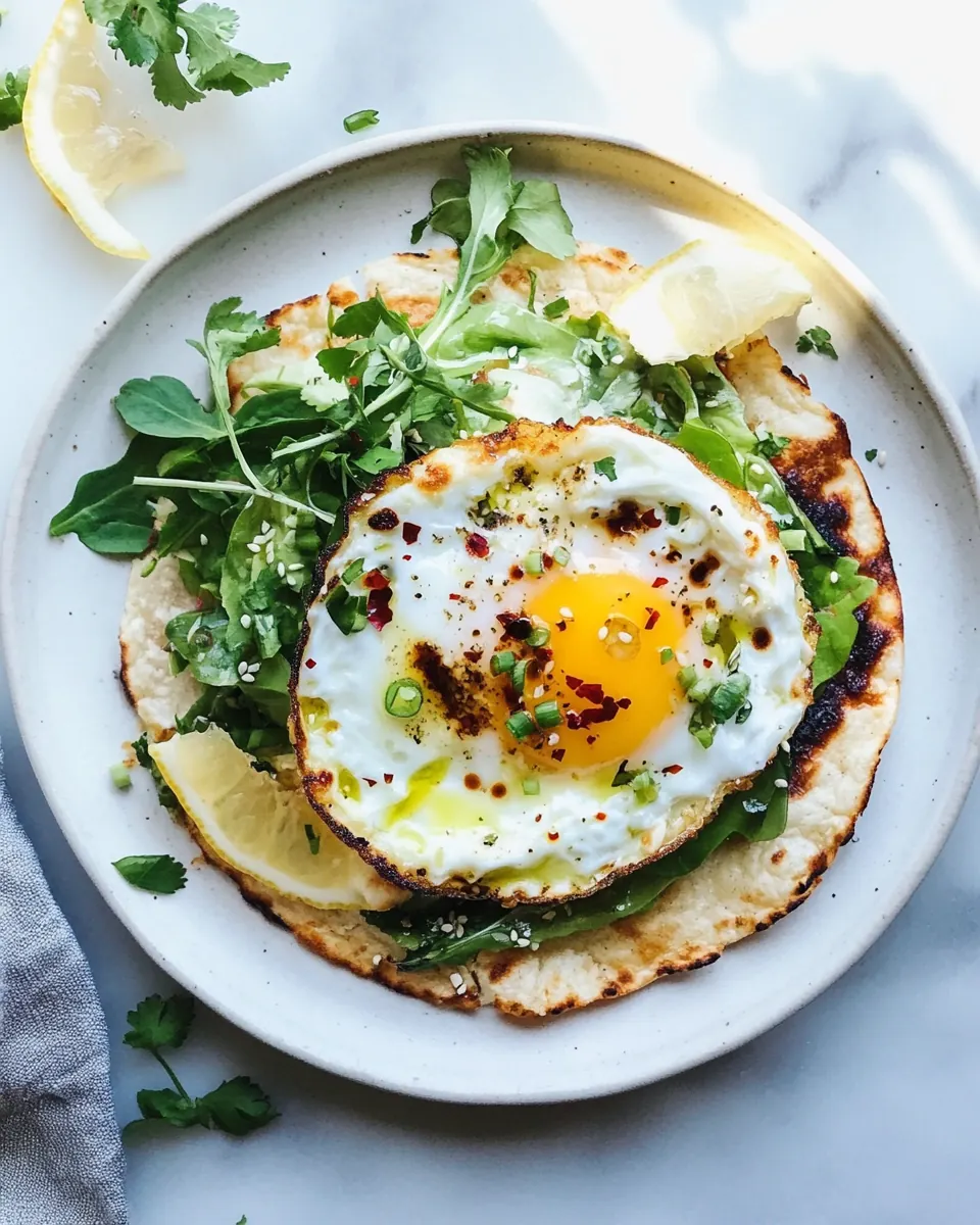 Crispy Egg Tostadas with Lemon Greens and Toasted Sesame Oil