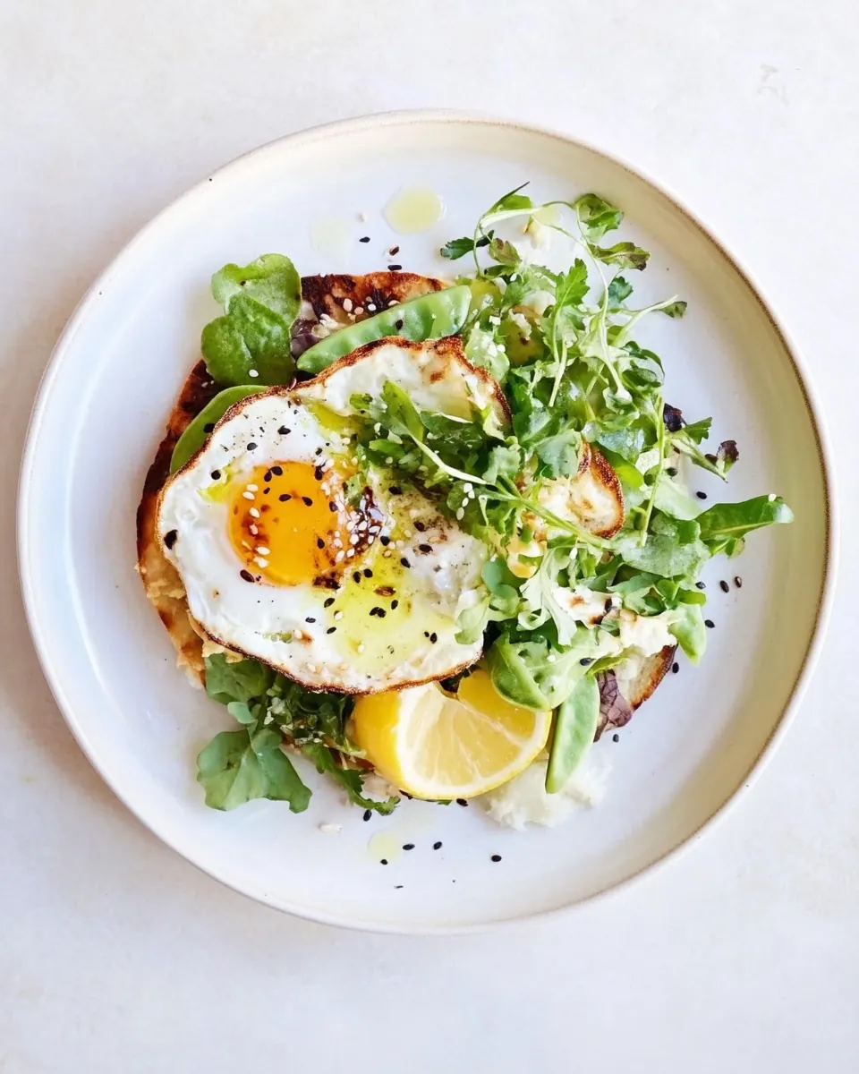 Crispy Egg Tostadas with Lemon Greens and Toasted Sesame Oil