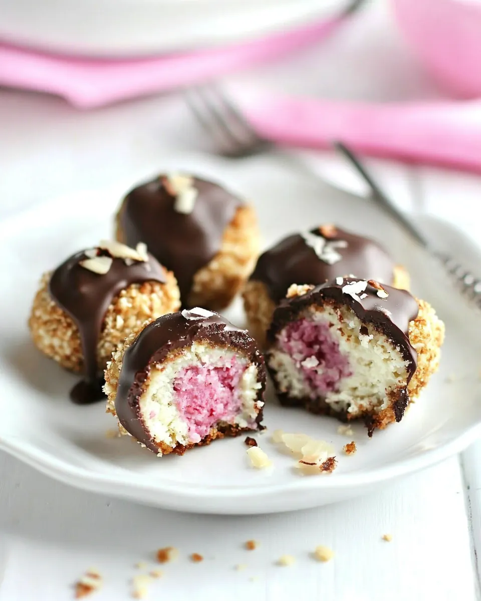 Gluten Free Cheesecake Stuffed Raspberry Coconut Quinoa Bites With Chocolate Glaze