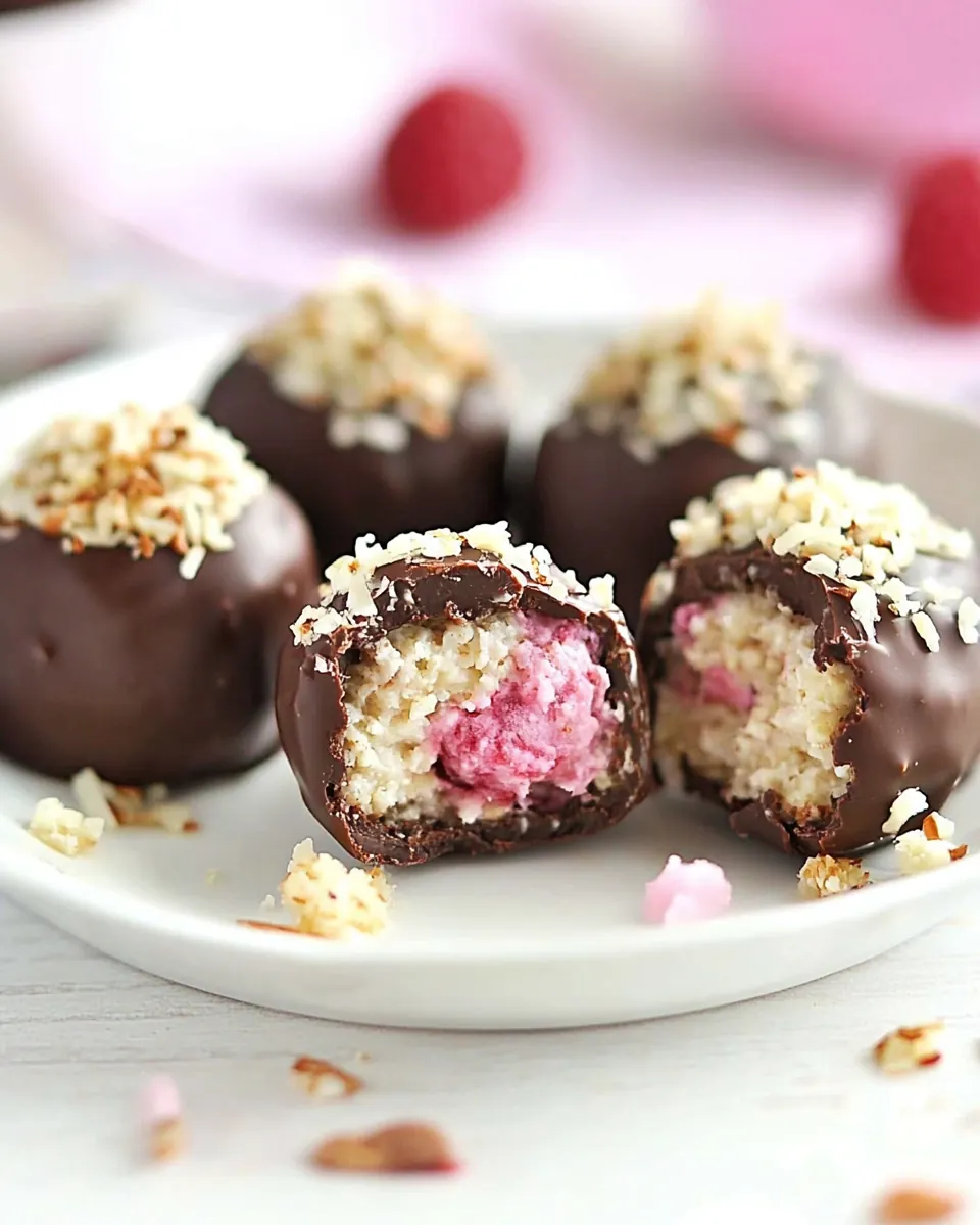 Gluten Free Cheesecake Stuffed Raspberry Coconut Quinoa Bites With Chocolate Glaze