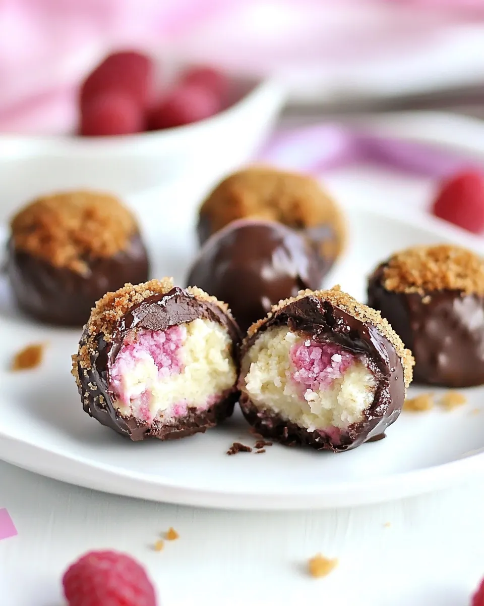 Gluten Free Cheesecake Stuffed Raspberry Coconut Quinoa Bites With Chocolate Glaze