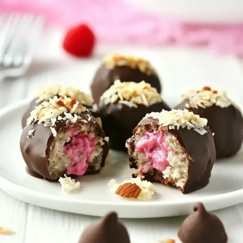 Gluten Free Cheesecake Stuffed Raspberry Coconut Quinoa Bites With Chocolate Glaze