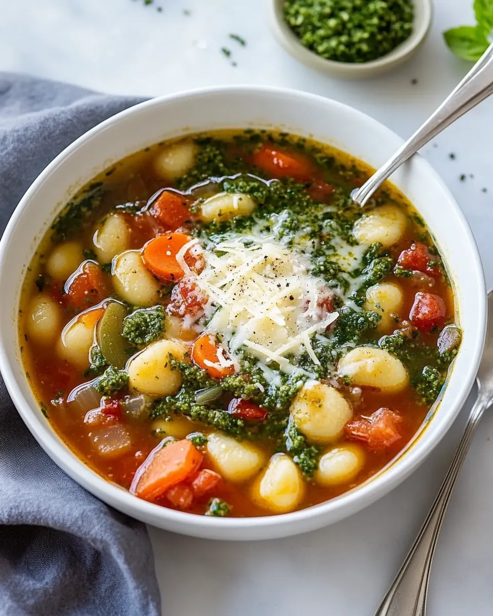 Gnocchi Vegetable Soup with Pesto and Parmesan