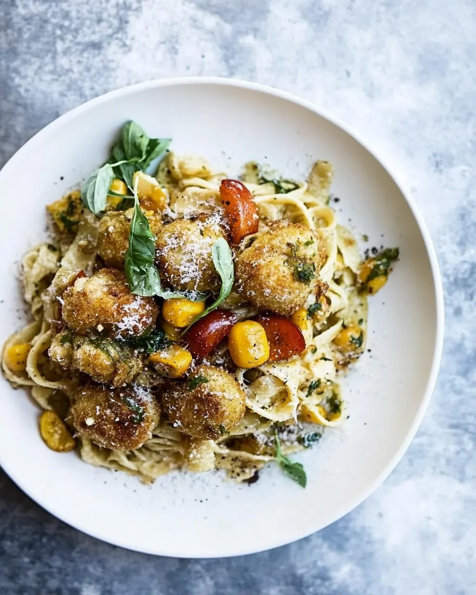 Goat Milk Fettuccine with Spicy Corn Fritters and Sweet Nectarine