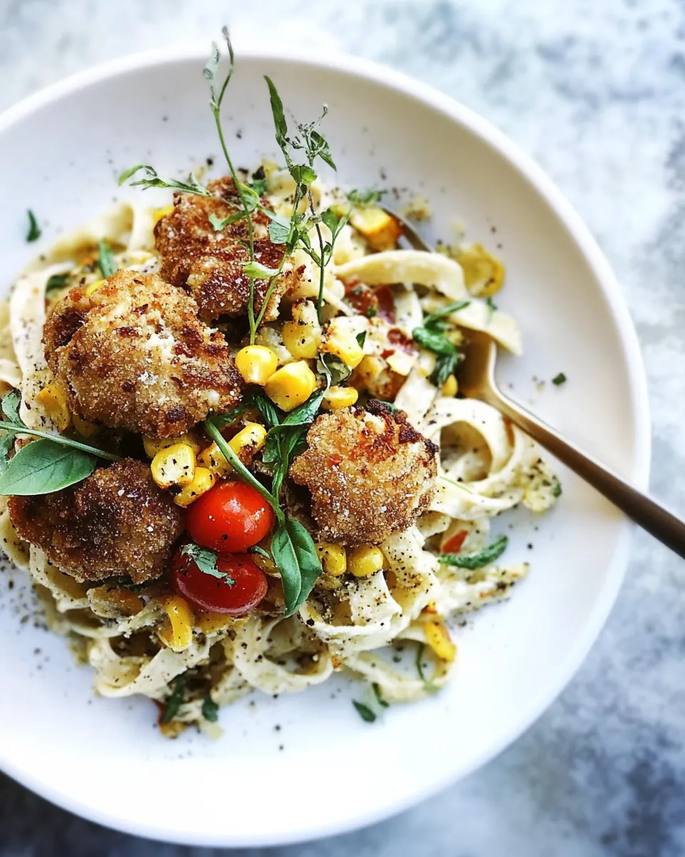 Goat Milk Fettuccine with Spicy Corn Fritters and Sweet Nectarine