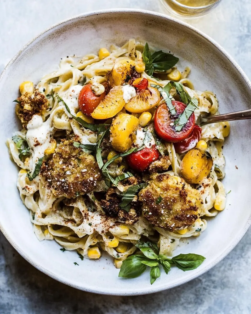 Goat Milk Fettuccine with Spicy Corn Fritters and Sweet Nectarine