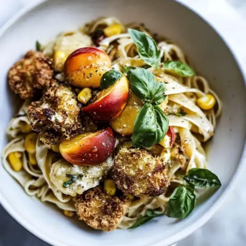 Goat Milk Fettuccine with Spicy Corn Fritters and Sweet Nectarine