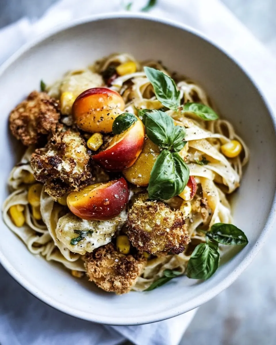 Goat Milk Fettuccine with Spicy Corn Fritters and Sweet Nectarine