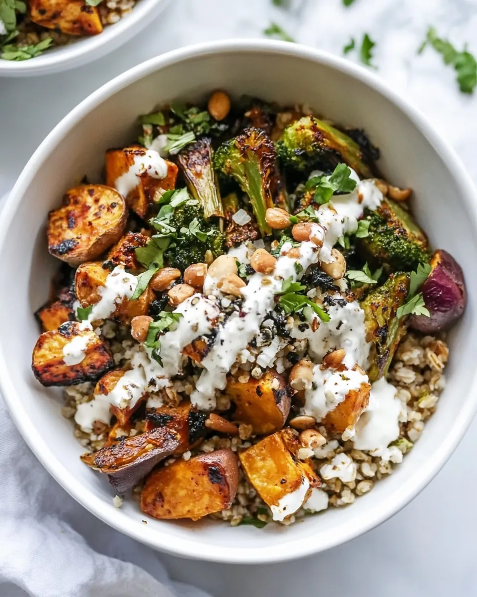 Grain Bowls with Maple Chipotle Brussels and Coconut Roasted Sweet Potatoes